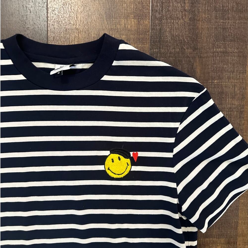 Galeries Lafayette Smiley Face Striped Tee Navy White Cotton Size M - Picture 3 of 7